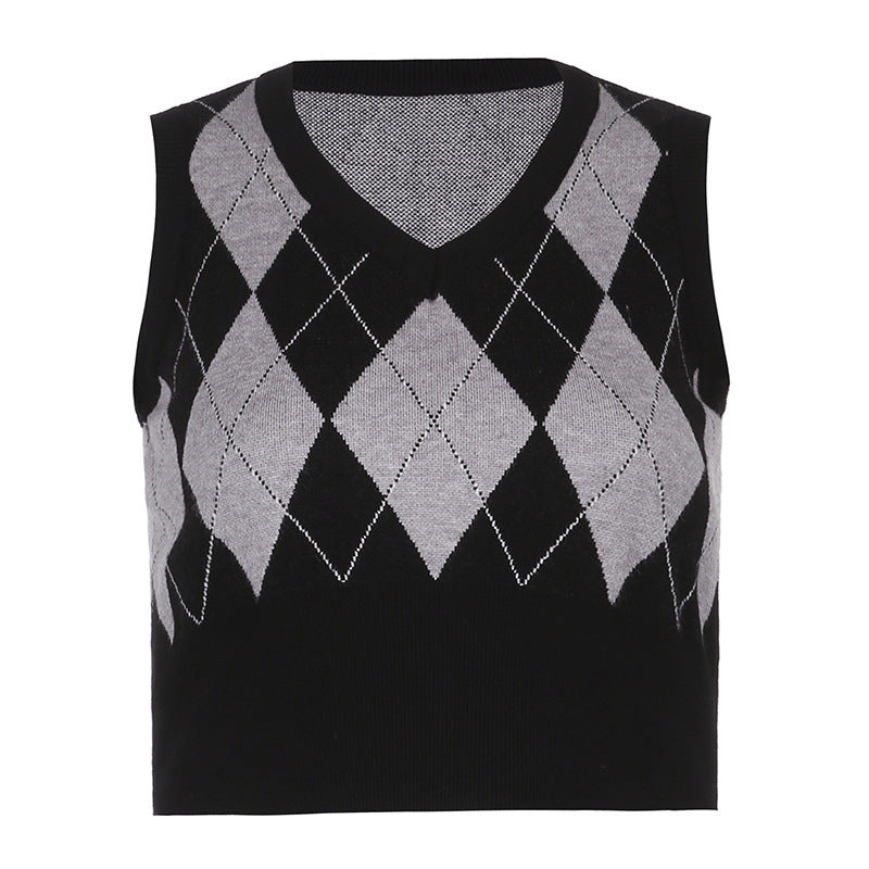 Damen cropped Stricktop mit modernem Rautenmuster R&B