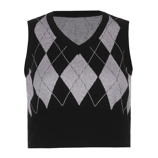 Damen cropped Stricktop mit modernem Rautenmuster R&B