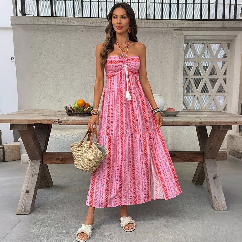 Damen Maxi-Strandkleid mit elastischem Oberteil und verspieltem Muster R&B