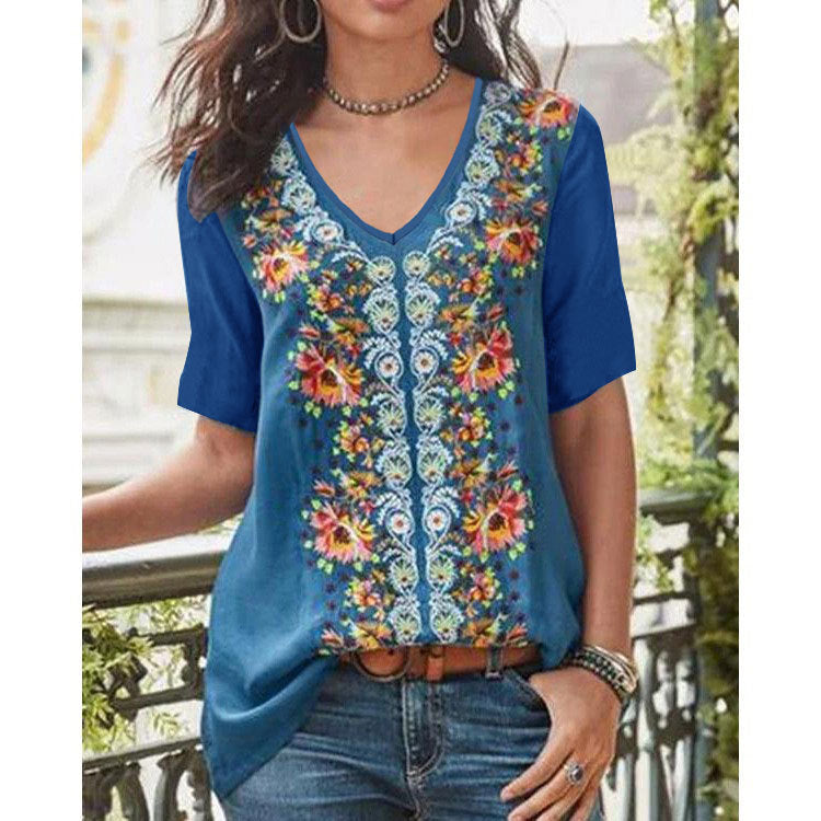 Damen V-Ausschnitt Bluse mit floralen Stickereien und bequemen kurzen Ärmeln R&B