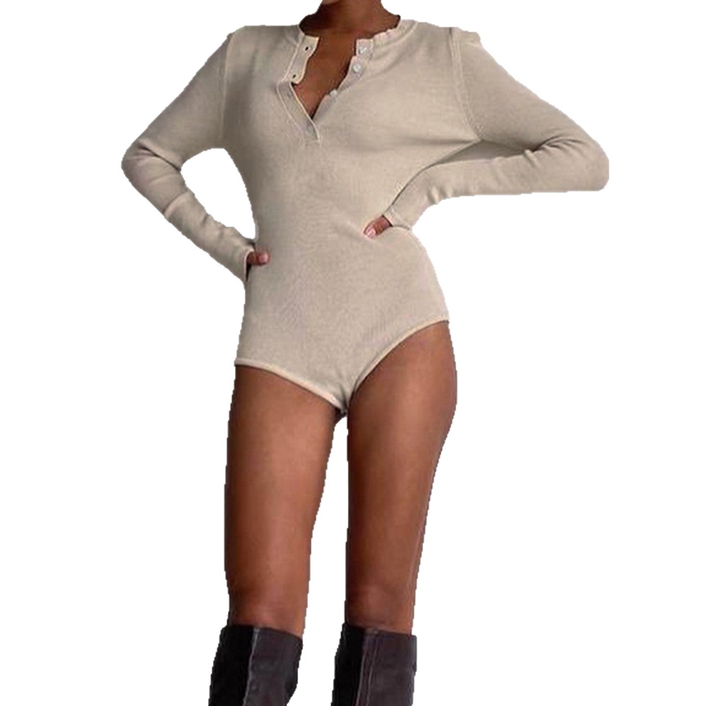 Damen Langarm-Bodysuit mit Knopfleiste und Rippstruktur R&B