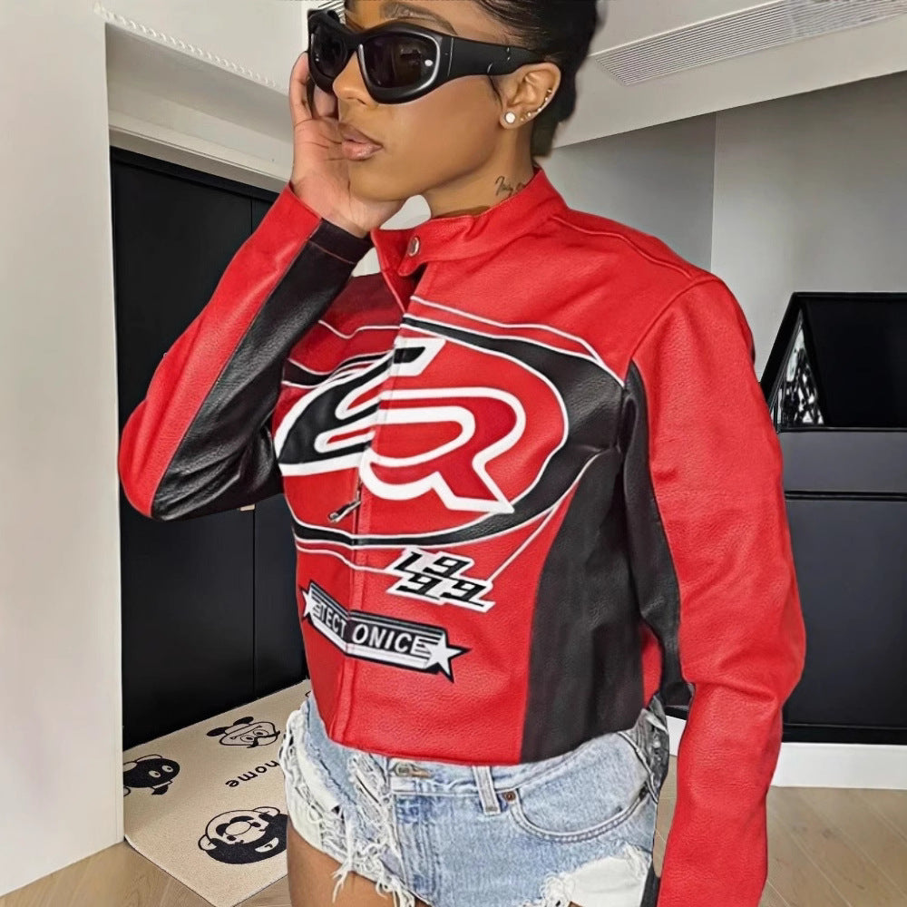 Damen cropped Kunstlederjacke mit kontrastierenden Farbdetails R&B
