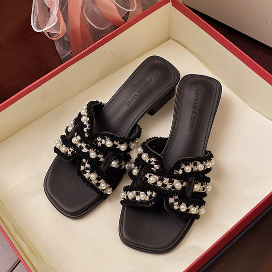 Damen Glamouröse Sandalen mit Perlenapplikationen und elegantem Blockabsatz R&B