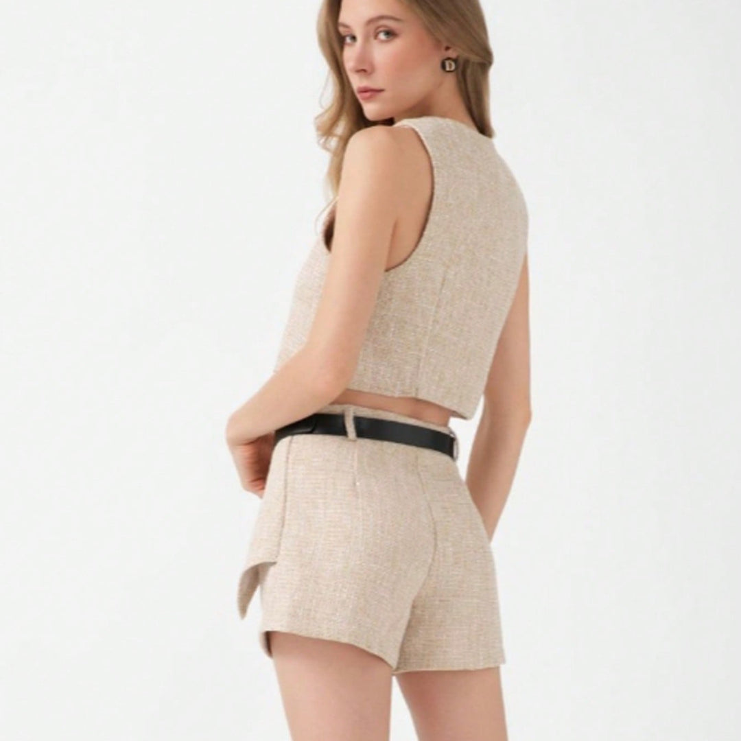 Damen Tweed-Shorts-Set mit tailliertem Oberteil und Gürtel R&B