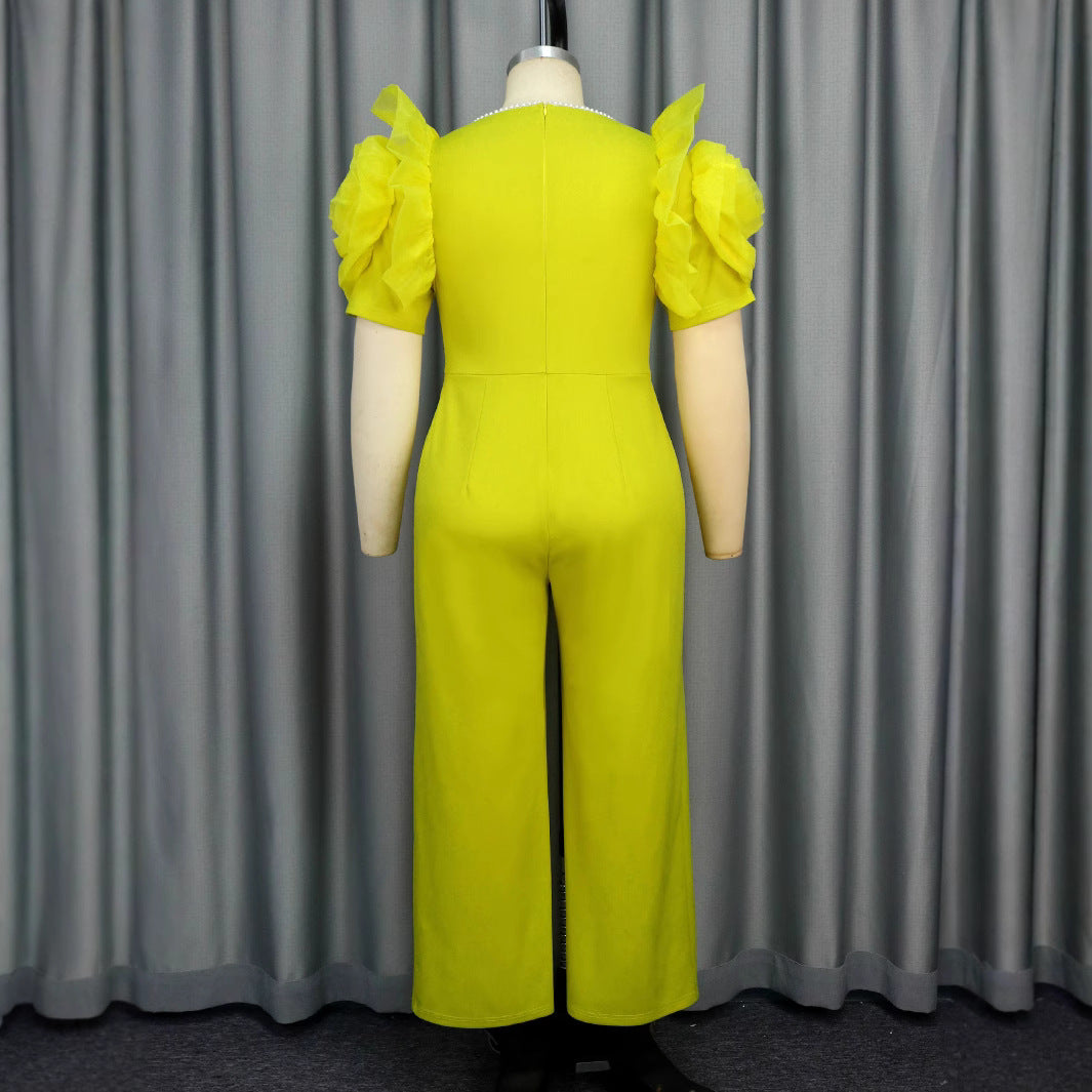 Damen eleganter Jumpsuit mit voluminösen Puffärmeln und Perlenakzent R&B