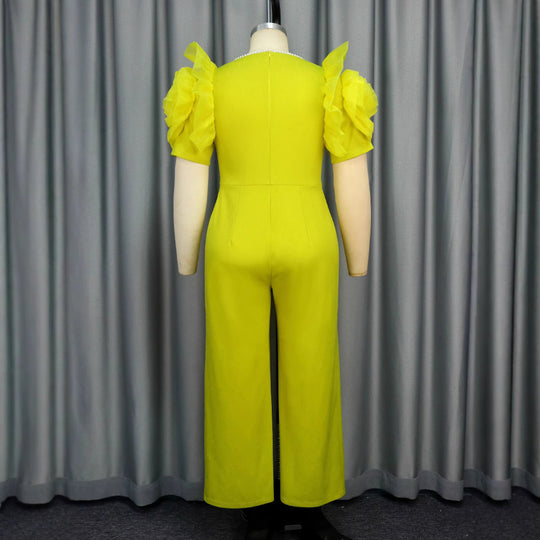 Damen eleganter Jumpsuit mit voluminösen Puffärmeln und Perlenakzent R&B