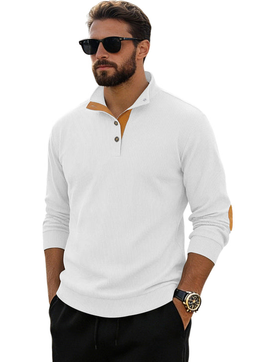 Herren nan fein gerippter Strickpullover mit Polokragen Knopfleiste und Ellenbogenbesatz R&B
