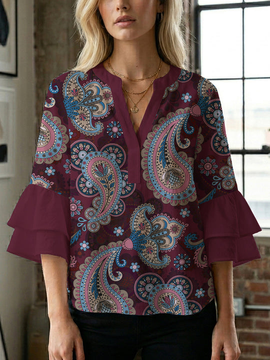Damen Bluse mit voluminösen Flügelärmel und intensivem Blattmuster R&B