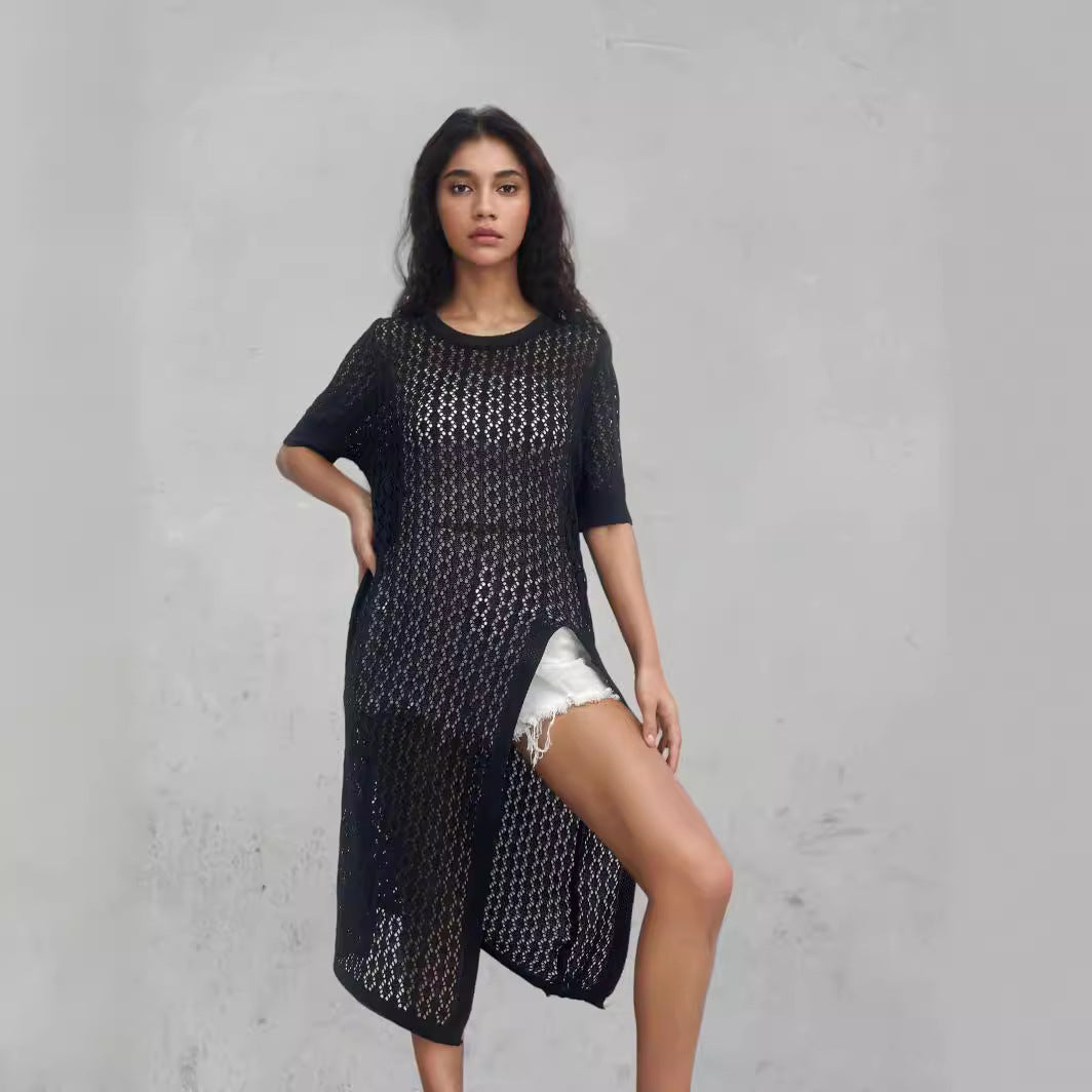 Damen Langer Strick-Kimono mit offenem Design und atmungsaktiver Maschenstruktur R&B
