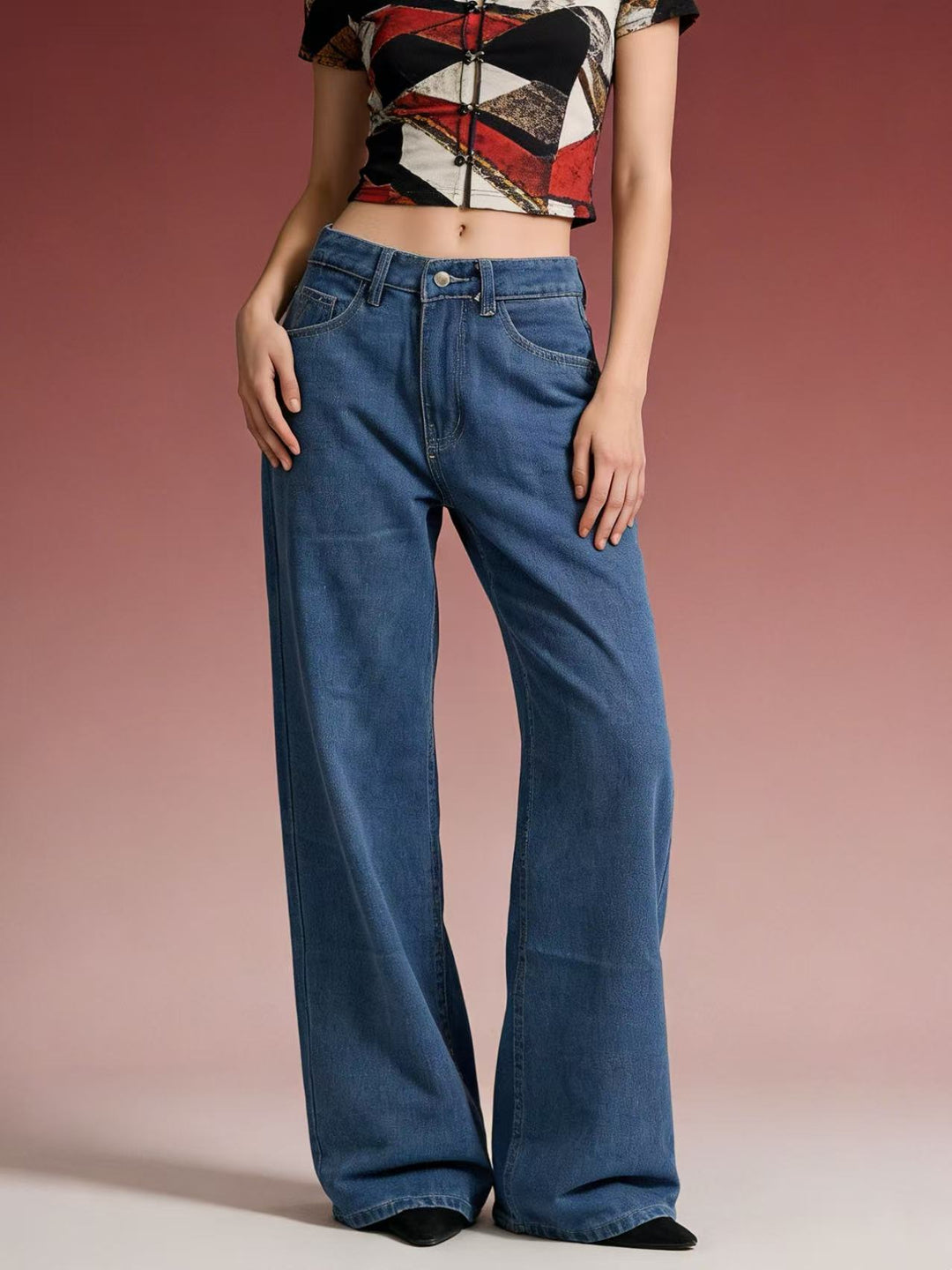 Damen weite Denim-Hose mit Vintage-Waschung und hoch geschnittenem Bund R&B