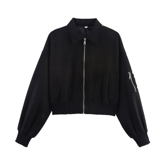 Damen modische kurz geschnittene Übergangsjacke mit großen Taschen und Reißverschluss R&B