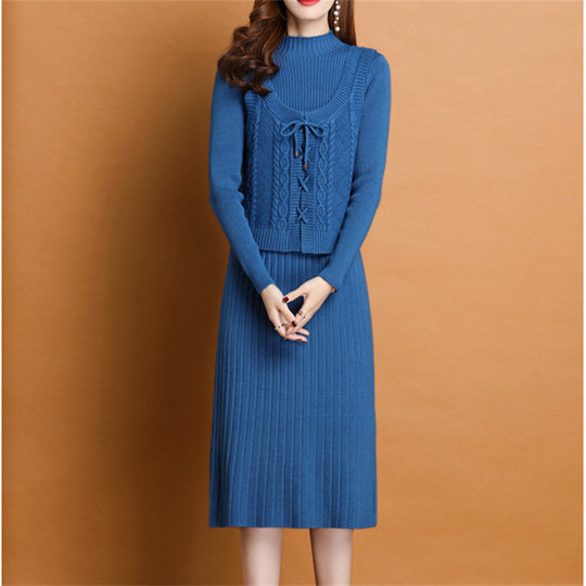 Damen elegantes Strickkleid mit hochgeschlossenem Kragen und dekorativem Zopfdesign R&B