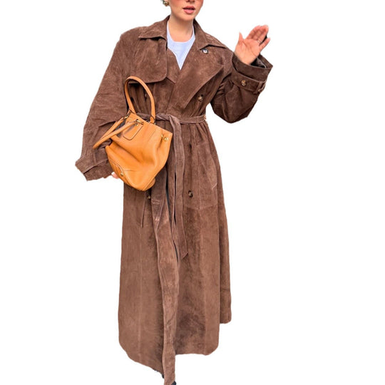 Damen Suede Trenchcoat mit Gürtel und eleganten Knopfdetails R&B