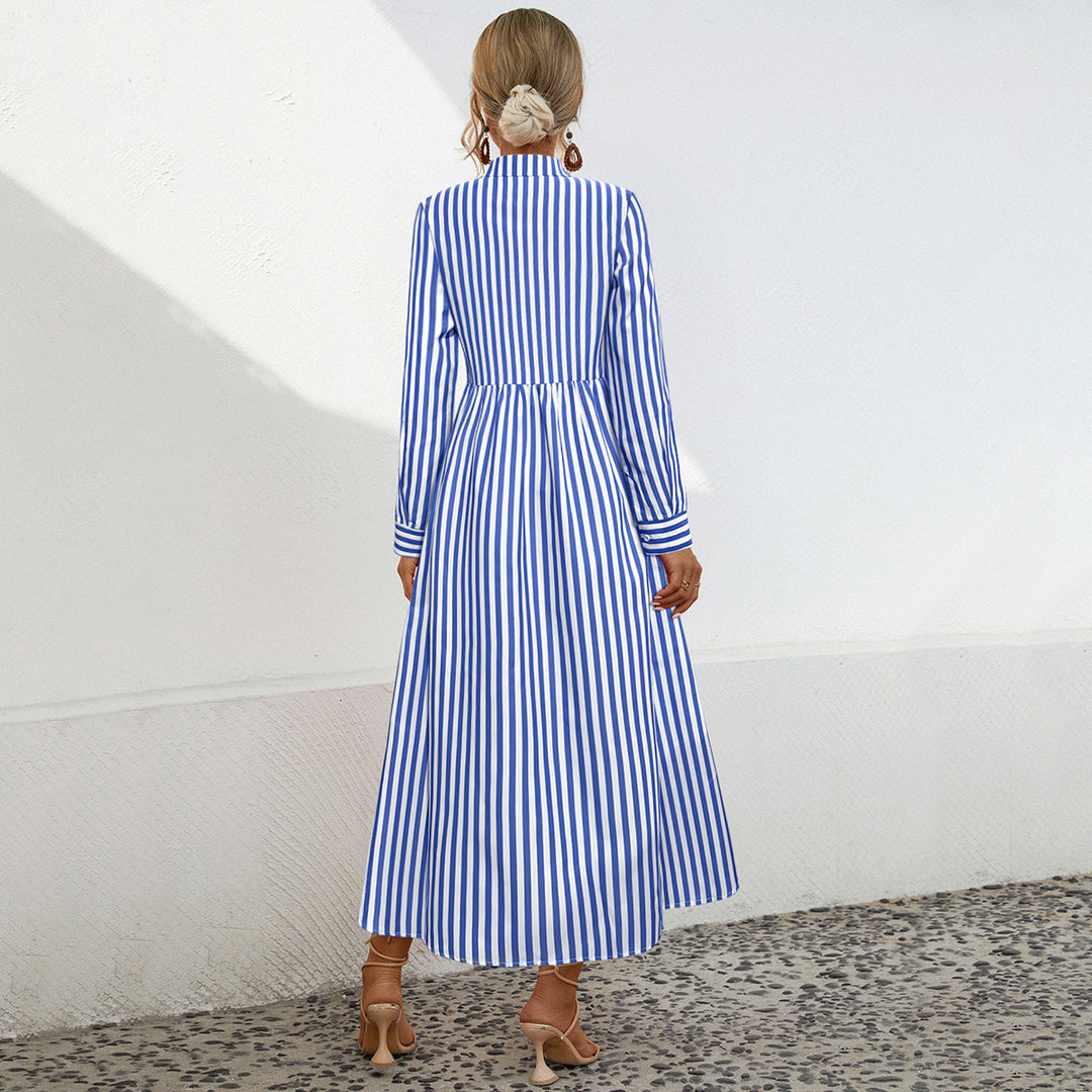 Damen Hemdblusenkleid mit vertikalem Streifenmuster und eleganter Knopfleiste R&B