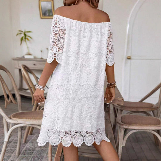 Damen nan schulterfreies Häkel-Midikleid mit Carmen-Ausschnitt und floraler Spitzenbordüre R&B