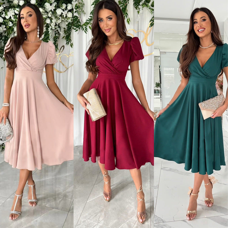 Damen A-Linie Kleid mit Puffärmeln und schmalem V-Ausschnitt R&B