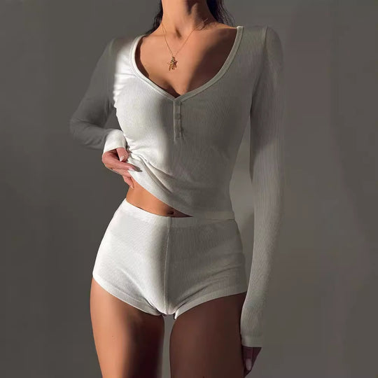 Damen Langärmliges Oberteil mit knopfbefestigtem V-Ausschnitt und bequemen Shorts R&B