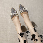 Damen elegante Mules mit perlenverziertem Schleifendetail