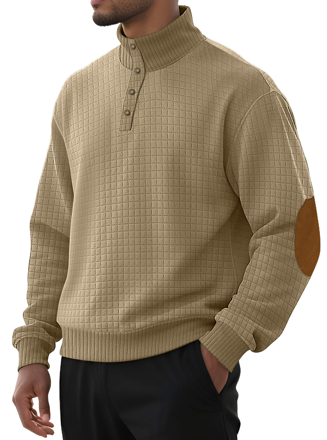 Herren nan kariertes Stepp-Sweatshirt mit Henley-Blende hohem Stehkragen und Velours-Ellenbogenpatch R&B