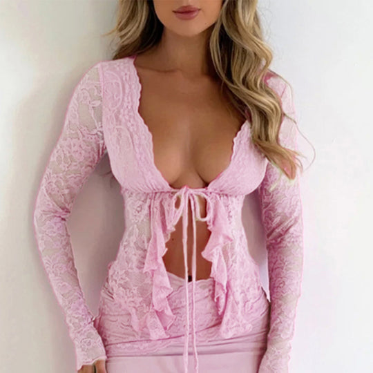 Damen Elegantes Spitzenoberteil mit Rüschendetails und tiefem Ausschnitt R&B