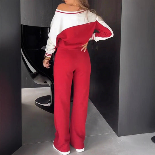 Damen nan sportlich-elegantes Zweiteiler-Set aus Baumwollmix mit V-Ausschnitt Sweatpullover und hochgeschnittener Schlaghose R&B