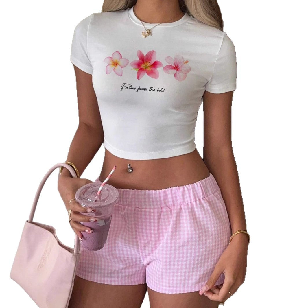 Damen Crop-Top mit floralem Druck und motivierendem Schriftzug R&B