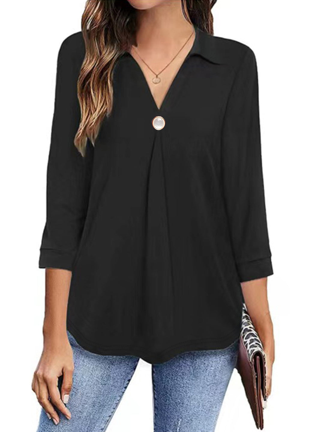 Damen Langarm Bluse mit elegantem V-Ausschnitt und dekorativen Falten R&B