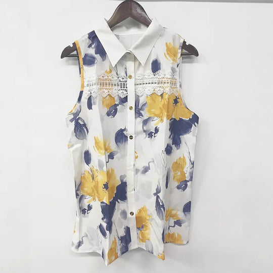 Damen nan Seidenimitat-Buttondown-Top mit Spitzenpasse und Perlenknopfleiste R&B