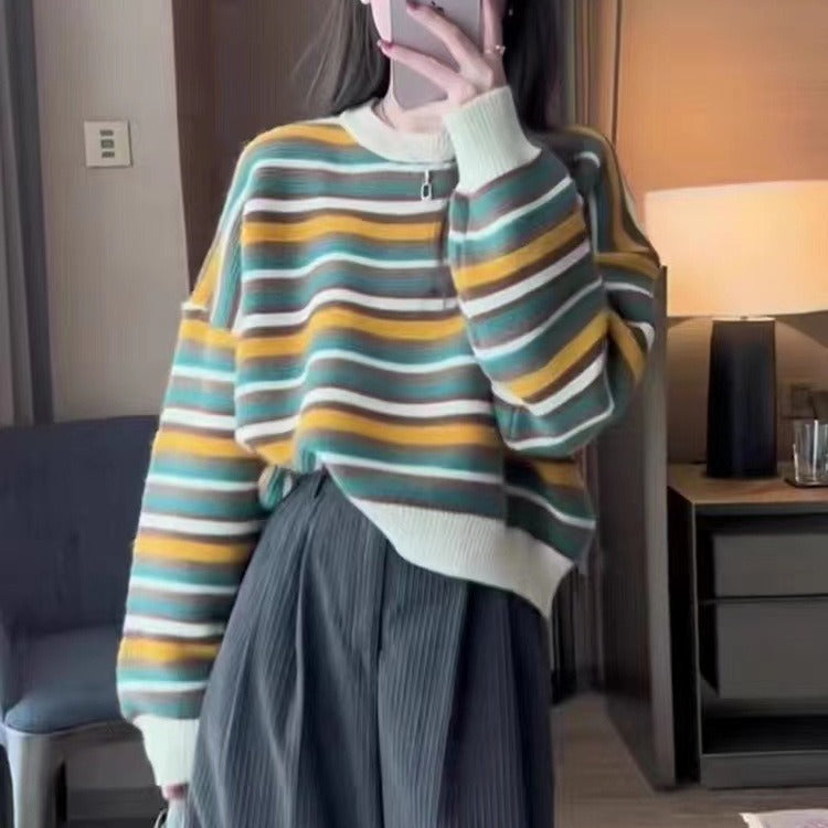 Damen gestreifter Pullover mit weitem Schnitt und modischen Details R&B