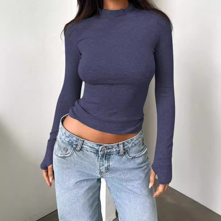 Damen Langarm-Shirt mit hochgeschlossenem Design und feiner Ripp-Textur R&B