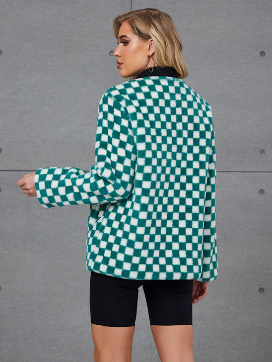 Damen Modische Kunstpelzjacke mit Karomuster und hohem Kragen R&B