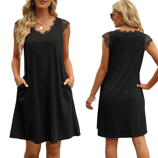 Damen ärmelloses Kleid mit Spitzendetail und seitlichen Taschen R&B