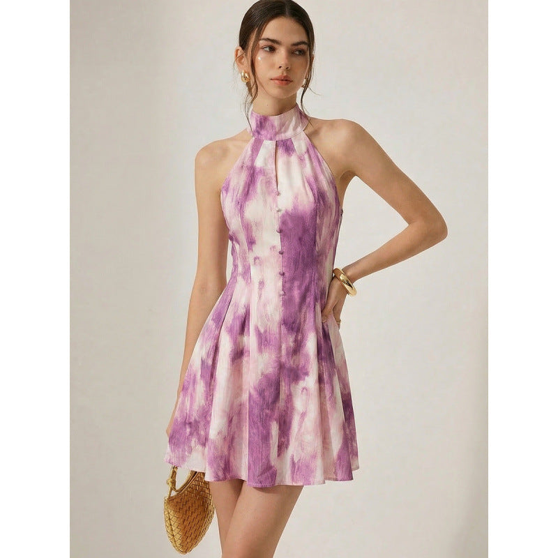 Damen Sommerliches Minikleid mit hochgeschlossenem Kragen und verspieltem Farbverlauf R&B