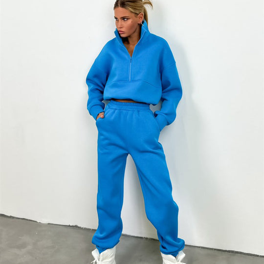 Damen sportliches Sweatshirt und Jogginghose-Set mit hoher Kragenoption und elastischem Bund R&B