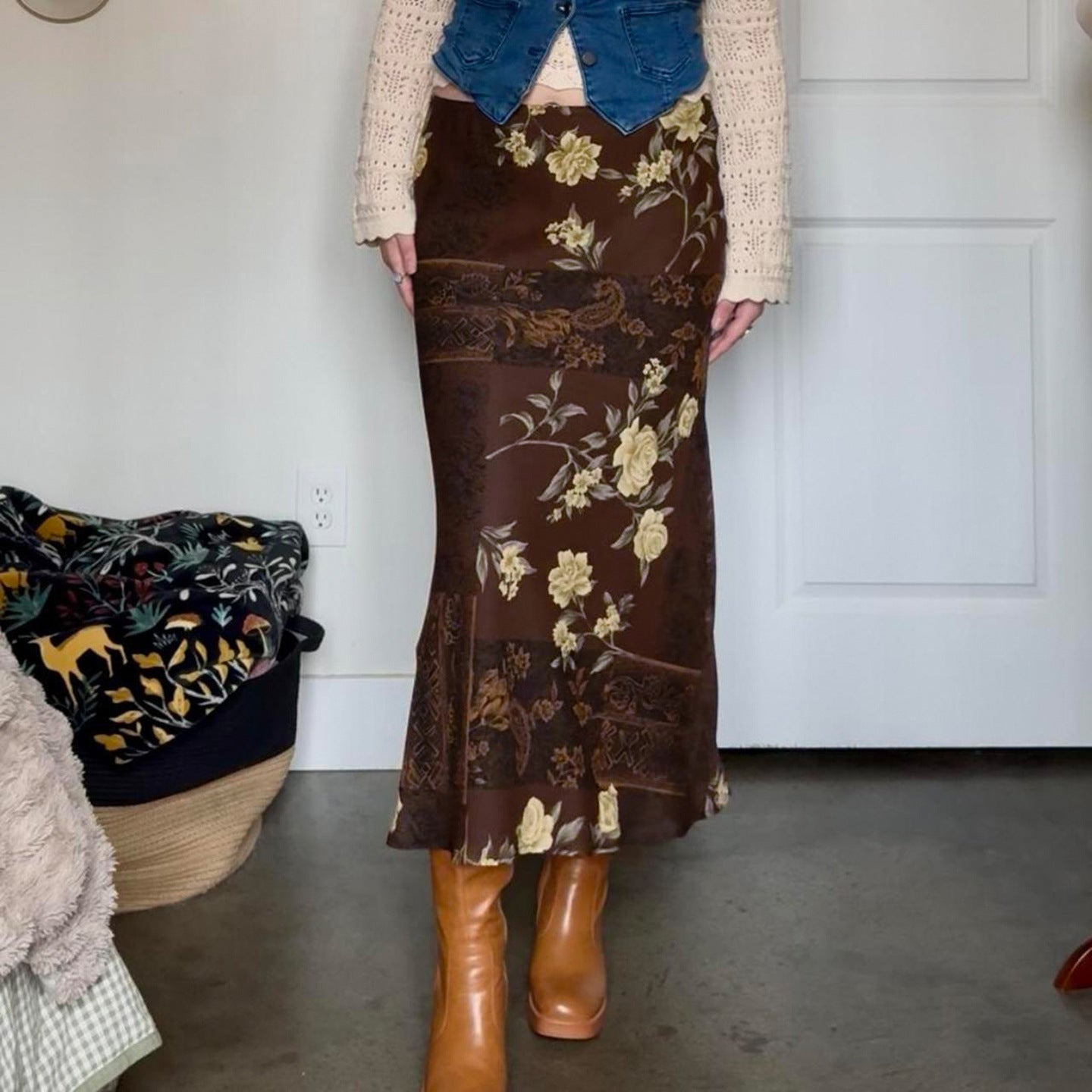 Damen Maxi-Rock mit floralem Design und transparenter Chiffon-Überlage R&B