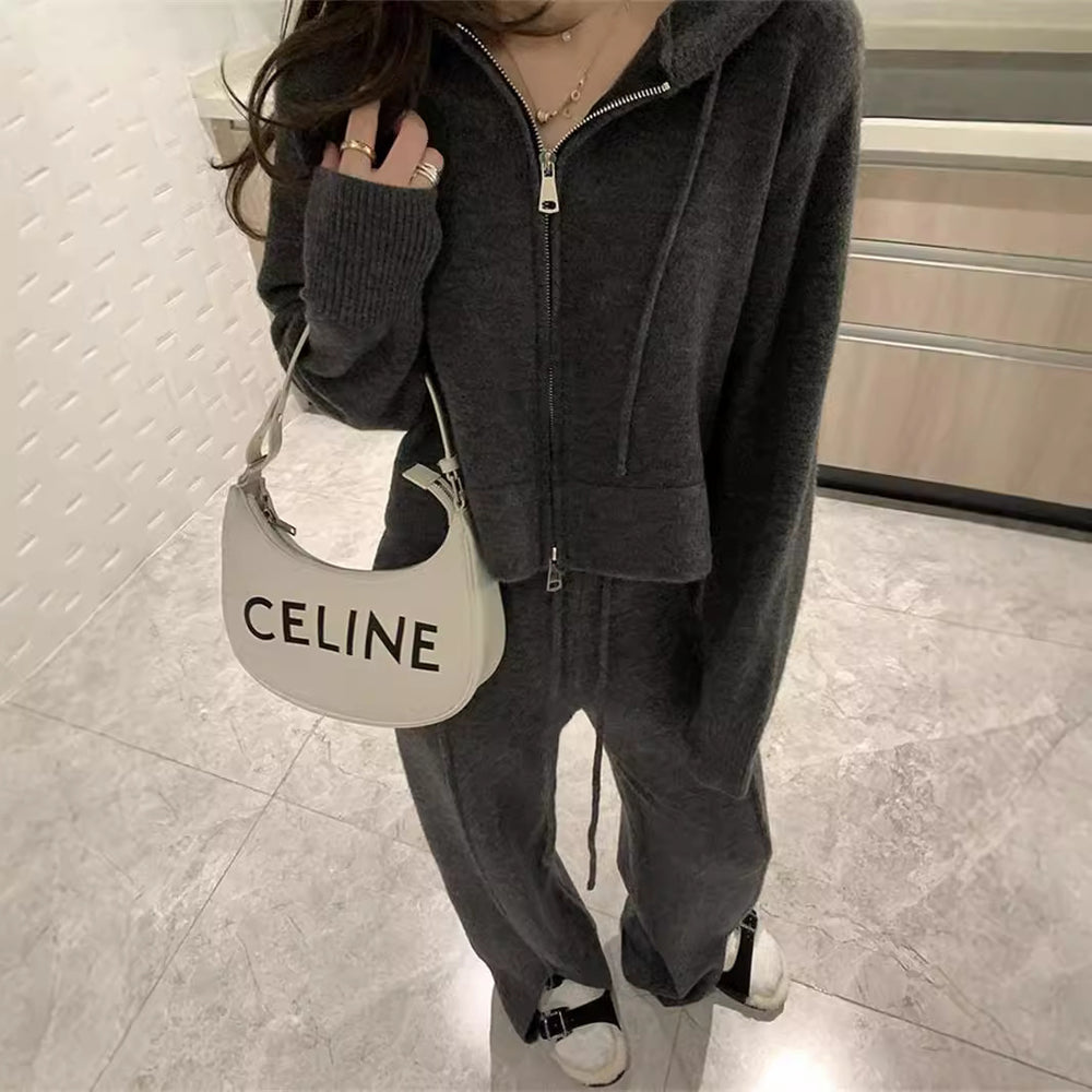 Damen lässiges Freizeit-Ensemble mit Kapuzenoberteil und weitem Bein R&B