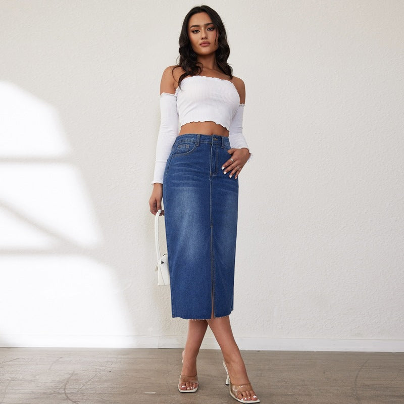 Damen Jeansrock mit hoher Taille und seitlichem Schlitz R&B