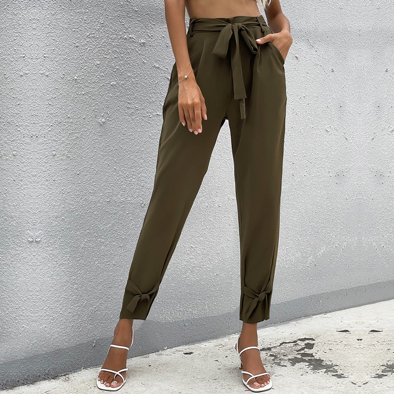 Damen lockere Culotte-Hose mit eleganten Schleifen-Details und Bindegürtel R&B