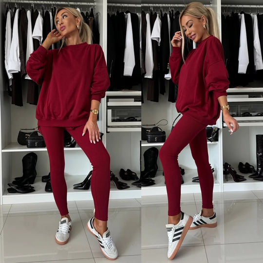 Damen lässiges Baumwoll-Lounge-Set mit Rundhalsausschnitt und engen Leggings R&B