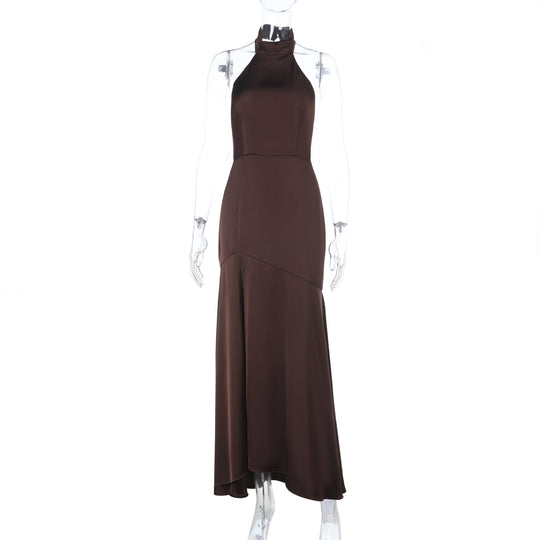 Damen elegantes Maxikleid mit hohem Kragen und fließendem Schnitt R&B