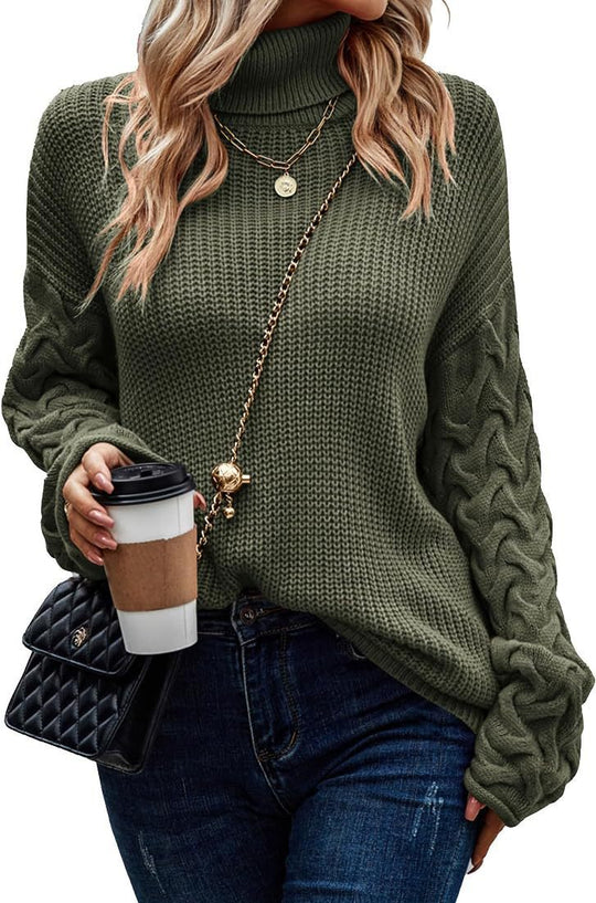 Damen Grobstrickpullover mit modernem Zopfdesign und hohem Kragen R&B