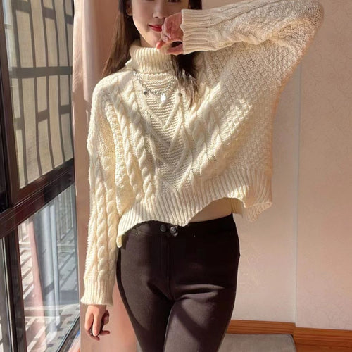 Damen Grobstrickpullover mit hochgeschlossenem Kragen und Zopfmuster R&B