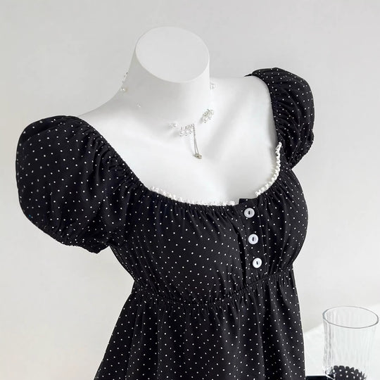 Damen Sommerkleid mit Puffärmeln und süßem Punkten R&B