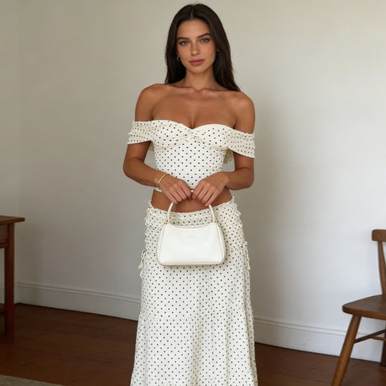 Damen Zweiteiliges Polka-Dots Set mit schulterfreiem Oberteil und schwingendem Rock R&B