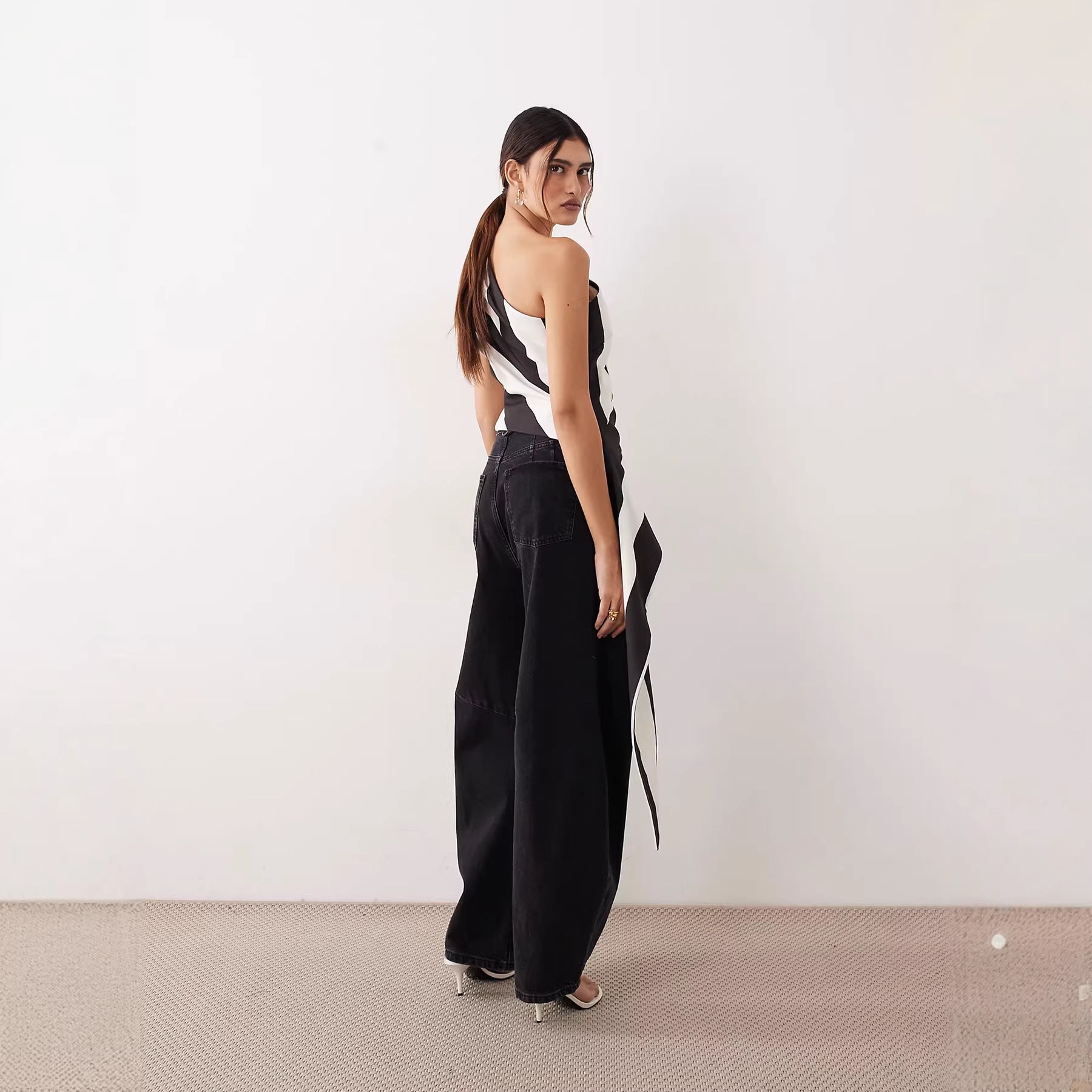 Damen asymmetrisches Wickeloberteil mit Streifenmuster R&B