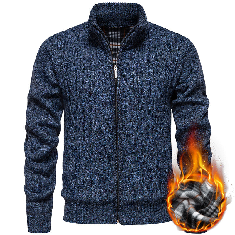 Herren nan grobgestrickter Cardigan mit Zopfmuster, Stehkragen und kariertem Innenfutter R&B