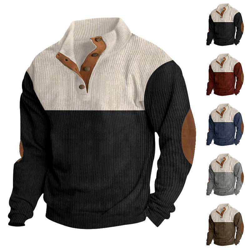 Herren nan gerippter Henley-Strickpullover mit Stehkragen Kontrastpasse und Ellbogenpatches R&B
