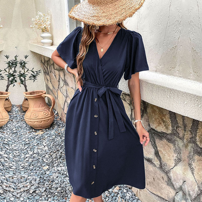 Damen Midi-Kleid mit eleganter Wickeloptik und praktischen Knopfdetails R&B