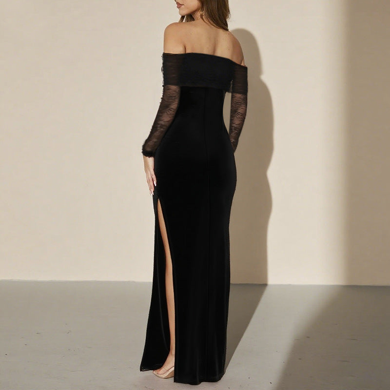 Damen schulterfreies Abendkleid mit Spitzenärmeln und langer Silhouette R&B