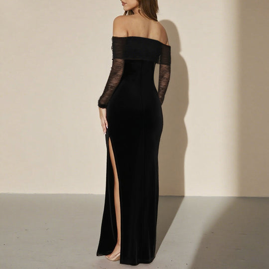 Damen schulterfreies Abendkleid mit Spitzenärmeln und langer Silhouette R&B